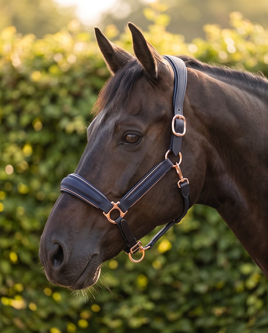 My Elite Tack Midnight Suede Luxe Halster – Navy & Rose Gold Edition